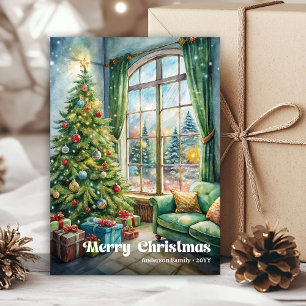 Zeitloses Weihnachts-Innenraum-Karte rot-grüne Dek Feiertagskarte