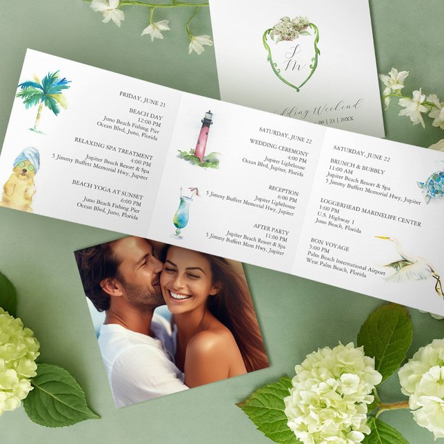 Zeitplan für die Hochzeit mit grüner Hortensie Dreifach Gefaltete Ankündigung (Trifold wedding program designed with had painted art Florida watercolor artist Victoria Grigaliunas)