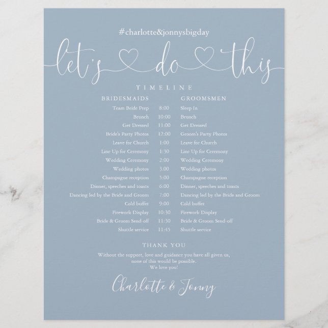 Zeitplan für die Hochzeit von Blue Heart Script (Vorderseite)