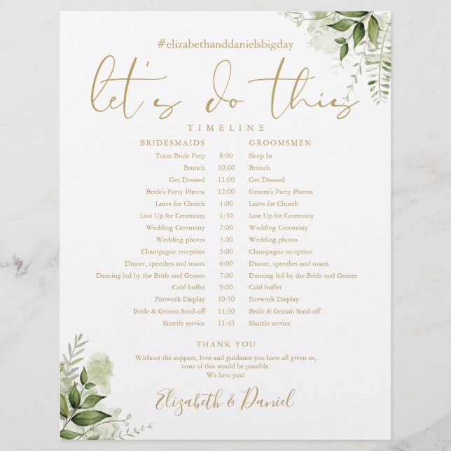 Zeitplan für die Hochzeit von Greenery Floral Gold (Vorderseite)