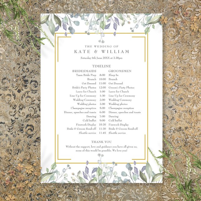 Zeitplan für die Hochzeit von Greenery Floral Programm (Greenery Floral Wedding Schedule Timeline Program)