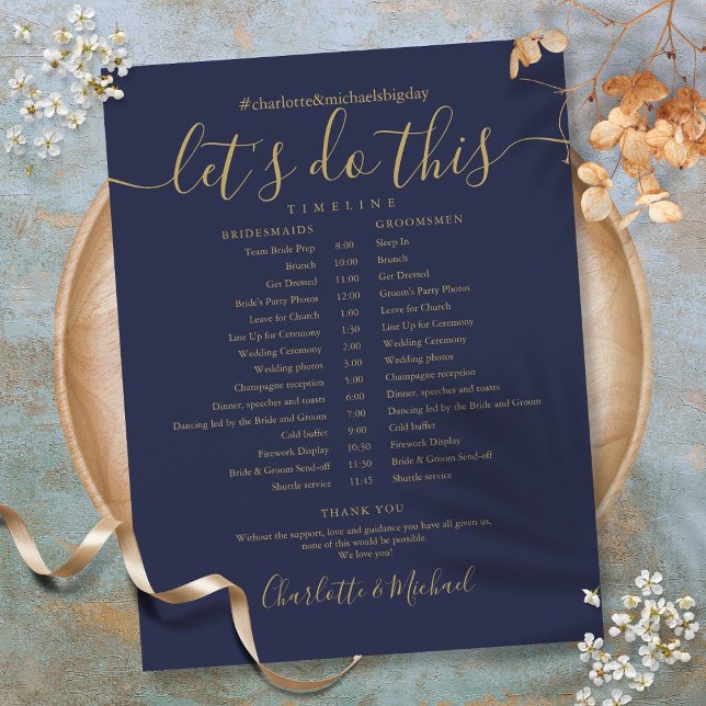 Zeitplan für Hochzeiten in Blue Gold (Elegant Navy Blue Gold Wedding Schedule Timeline)