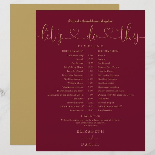 Zeitplan für Hochzeiten mit Burgund und Gold-Scrip (Vorne/Hinten)