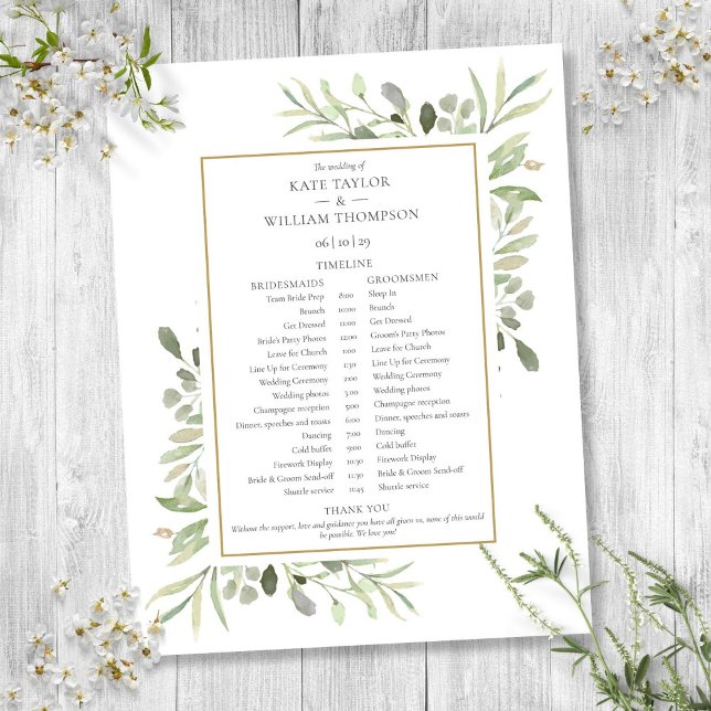 Zeitplan für Hochzeiten von Wasserfarben (Watercolor Greenery Wedding Schedule Timeline)