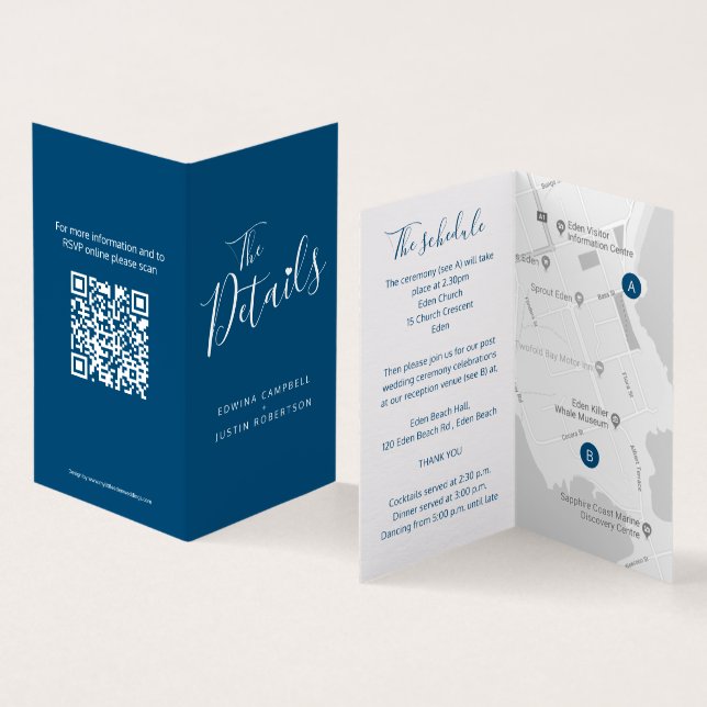 Zeitplan für Hochzeitgäste Karte QR-Code blau (Innenseite und Außenseite)