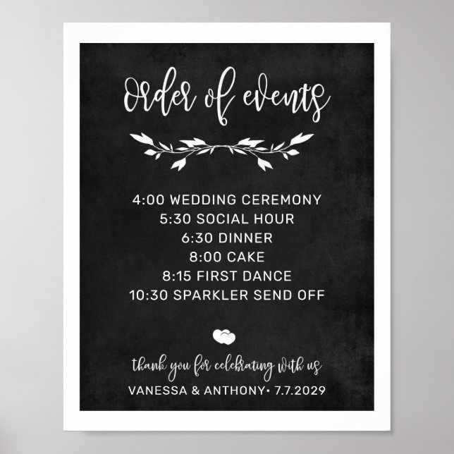 Zeitplan Kreide-Hochzeitsschild Poster (Vorne)