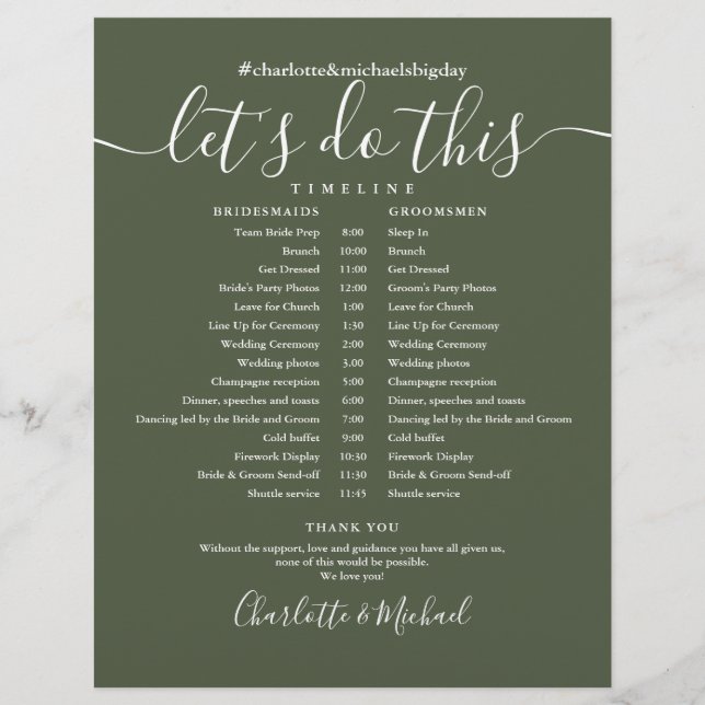 Zeitrahmen für die Hochzeit von Olive Green (Vorderseite)