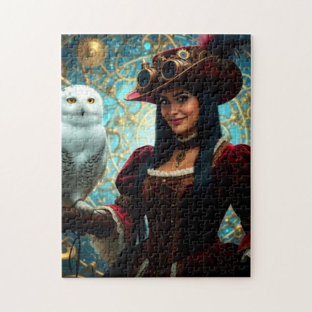 Zeitreisende Steampunk-Dame mit Eule Puzzle (Vertikal)