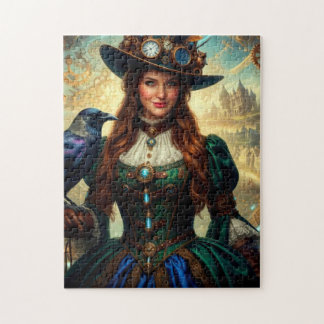 Zeitreisende Steampunk-Dame mit Krähe Puzzle