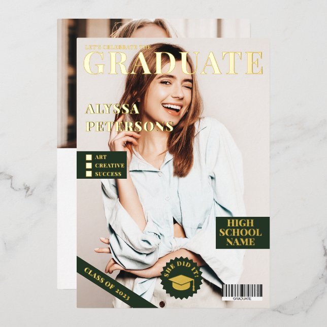 Zeitschrift Titelblatt 2 Fotos Grün Abschluss Gold Folieneinladung (Vorderseite/Rückseite)