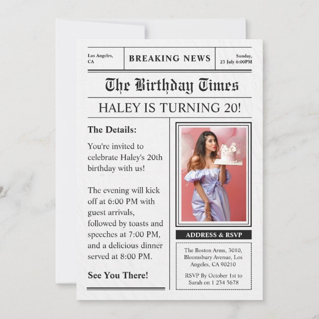 Zeitung 20. Geburtstag Funny Magazine Cover Foto Einladung (Vorderseite)