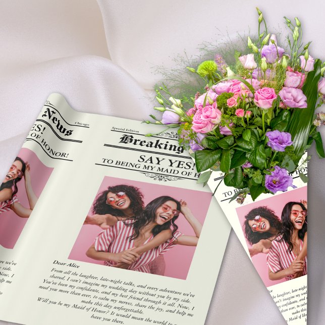 Zeitung Blume Wrap Foto Trauzeugin Geschenkpapier (Newspaper Flower Wrap Photo Maid of Honor Wrapping Paper)