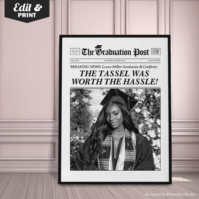 Zeitung des benutzerdefinierten Abschlusses, Chic  Poster (Custom Graduation Newspaper Print, Personalized Grad Gift, Fun Tassel Quote)