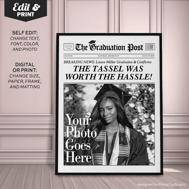 Zeitung des benutzerdefinierten Abschlusses, Chic  Poster (Custom Graduation Newspaper Print, Personalized Grad Gift, Fun Tassel Quote)