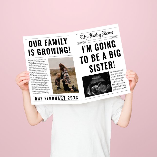 Zeitung Einzigartiger großer Schwesterschwangersch Karte (big sister pregnancy announcement newspaper style template)