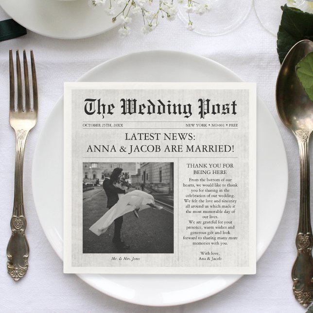 Zeitung Einzigartiger Spaß Fakten Foto Hochzeit Serviette (Wedding Newspaper Personalized Napkins)