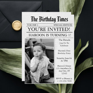 Zeitung Einzigartiger Spaß Foto 1. Geburtstag Part Einladung