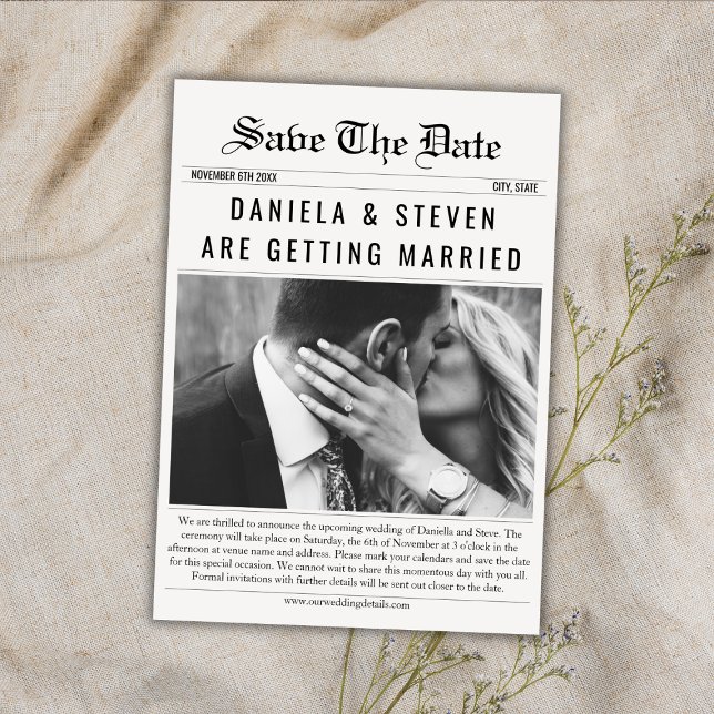 Zeitung Einzigartiges elegantes Foto Hochzeit Save The Date (newspaper save the date card unique elegant photo wedding announcement)
