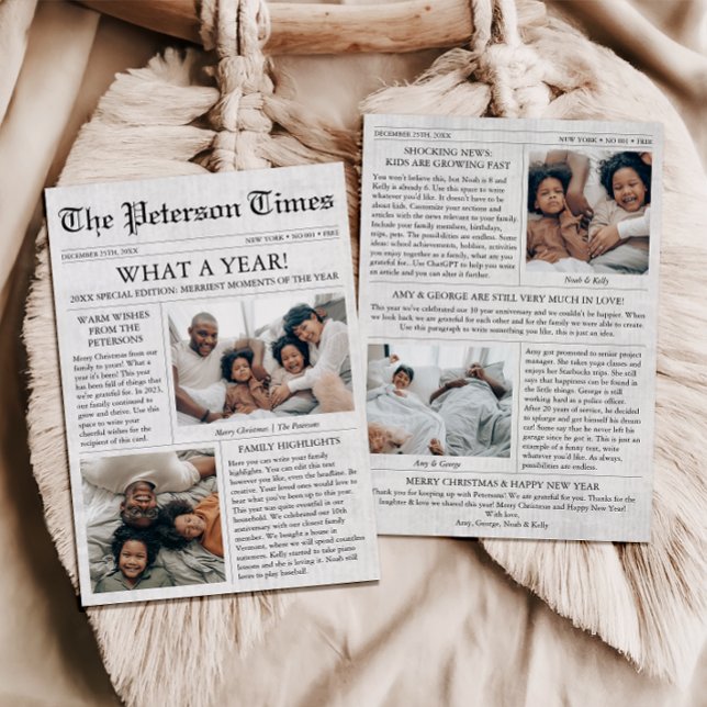 Zeitung Einzigartiges Weihnachtsfoto Collage Feiertagskarte (Christmas Newspaper Card, What a Year Family Newsletter)