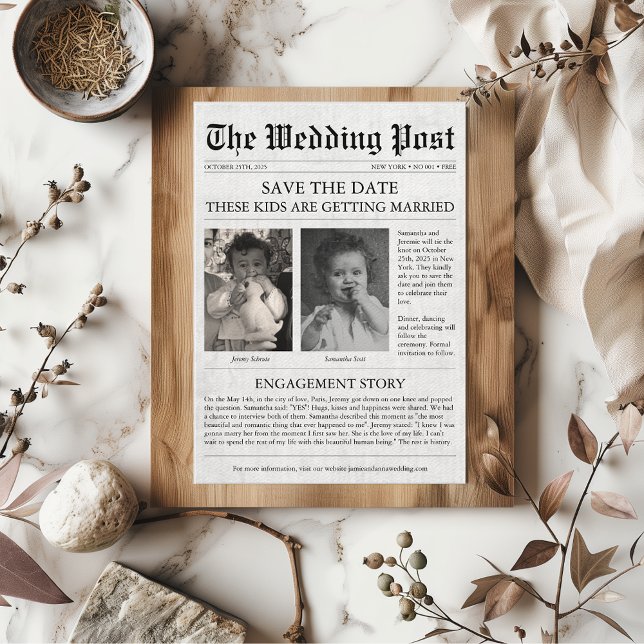 Zeitung Funny Unique Kids Save the Date Hochzeit Einladung (Newspaper "these kids are getting married" funny retro unique quirky save the date)