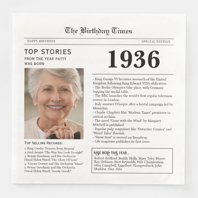 Zeitung-Geburtstagsserviette 1936 Serviette (Vorderseite)