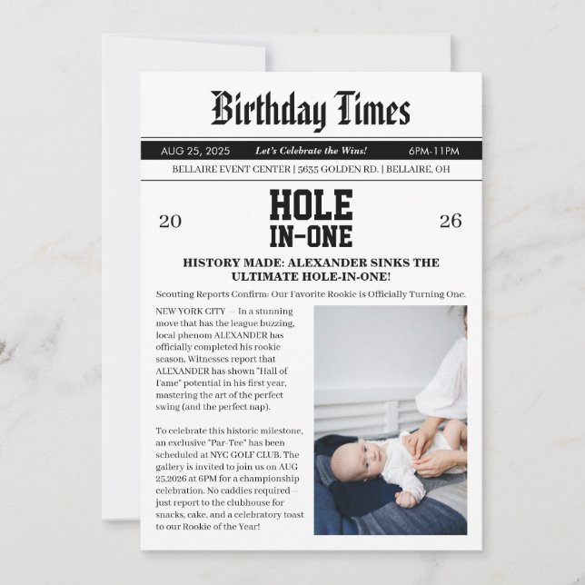 Zeitung Golf 1. Geburtstagsfeier Einladung (Vorderseite)