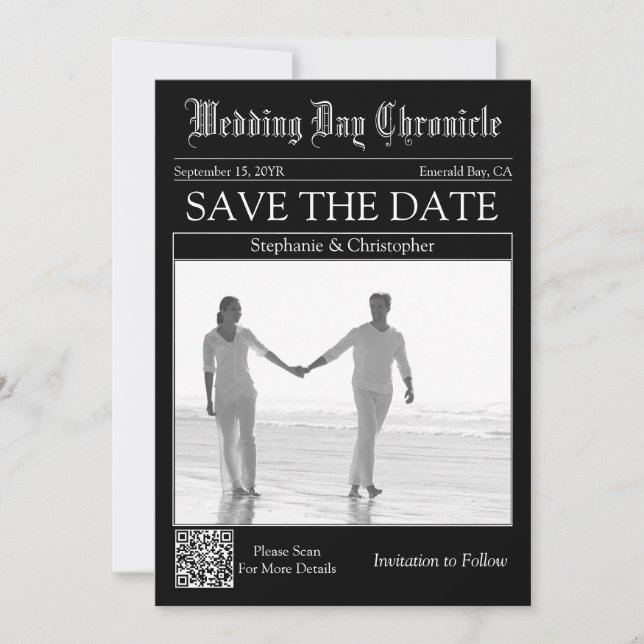 Zeitung Hochzeit 1 Foto QR-Code Save the Date (Vorderseite)