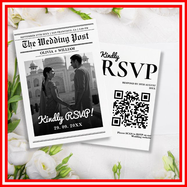 Zeitung Hochzeit Moderner Eleganter QR-Code RSVP Karte (Von Creator hochgeladen)