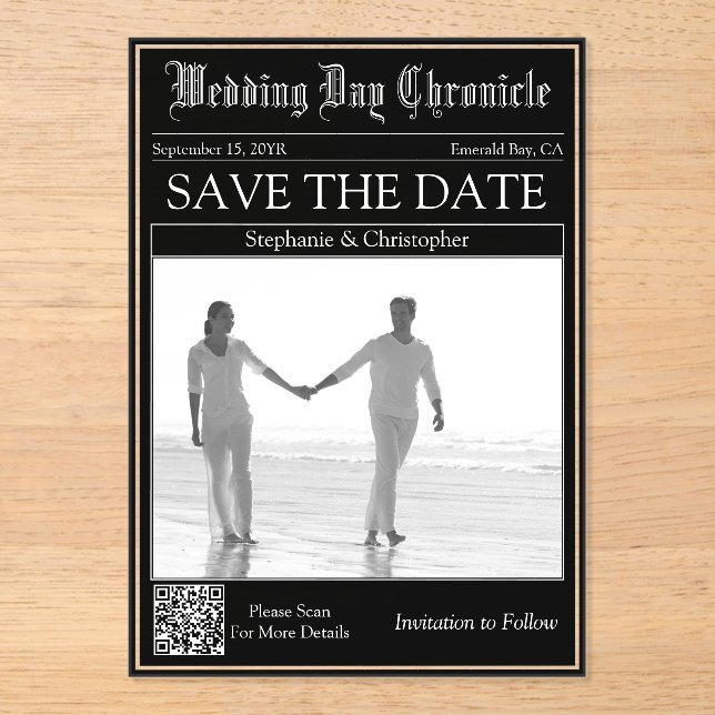 Zeitung Hochzeit QR-Code Acryl Save the Date Acryleinladungen (Vorderseite)
