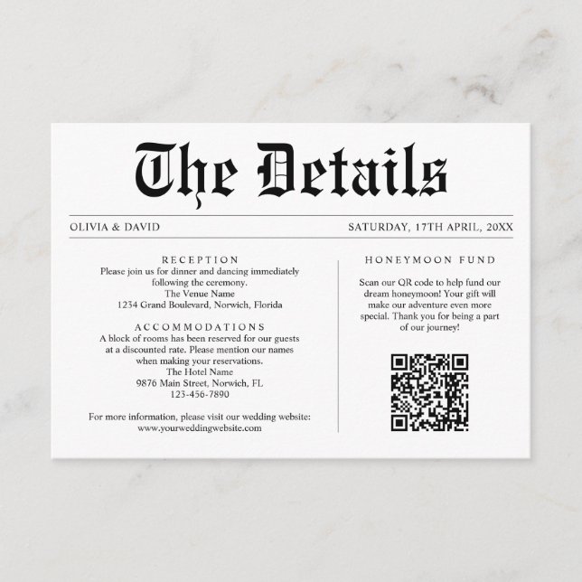 Zeitung QR Code Eindeutige Hochzeitdetails Begleitkarte (Vorderseite)