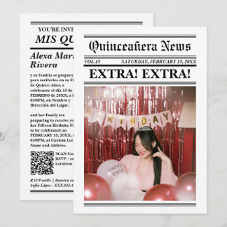 Zeitung Quinceanera Elegante moderne Foto-QR-Code Einladung