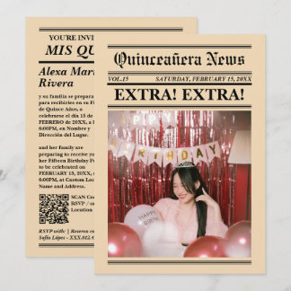 Zeitung Quinceanera Elegante moderne Foto-QR-Code Einladung