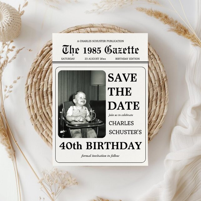 Zeitung Save the Date Geburtstagsfoto (Newspaper Save The Date Birthday Photo Template)