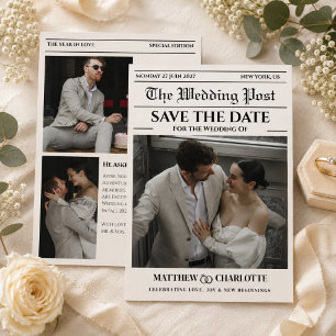 Zeitung Save the Date Hochzeit Beige Karte