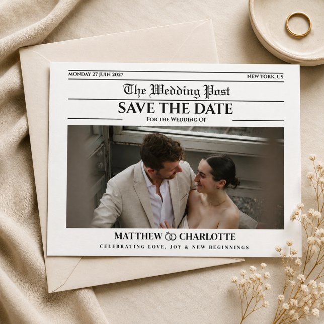 Zeitung Save the Date Hochzeits-Einladung (newspaper save the date unique vintage retro modern elegant fun black and white typography Ring name)