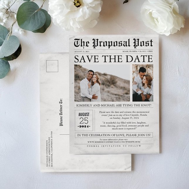 Zeitung Save the Date zwei Fotos Postkarte (Newspaper Save the Date Postcards)