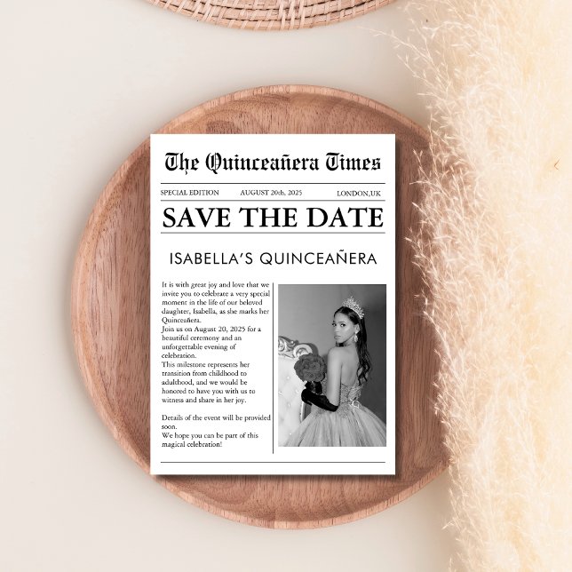 Zeitung schwarz-weiß einzigartig Quinceanera Save The Date (Von Creator hochgeladen)