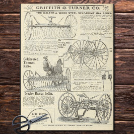 Zeitung und Dekoupage der Vintagen Hay Farm Equipm Seidenpapier