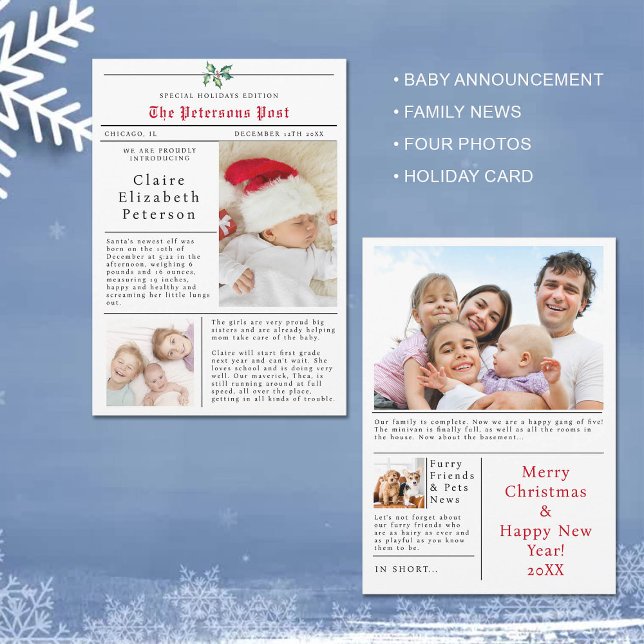 Zeitung Weihnachtskarten Foto Ankündigung (newspaper christmas card with photo baby announcement family post letter black white red fun funny)