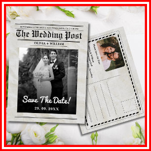 Zeitungs Hochzeit Vintage Elegant Save The Date Postkarte