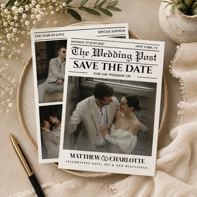 Zeitungs-Hochzeitskarte 'Save the Date' (newspaper wedding save the date cards black and white unique fun classic retro)