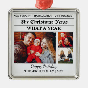 Zeitungs-Weihnachts-Familien-3-Foto-Collage Ornament Aus Metall