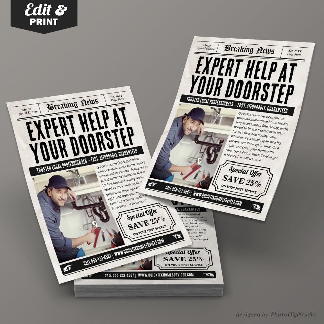 Zeitungsdienste-Flyer, Retro-Werbung für kleine Un Flyer (Newspaper Services Flyer, Retro Small Business Ads Flyer)