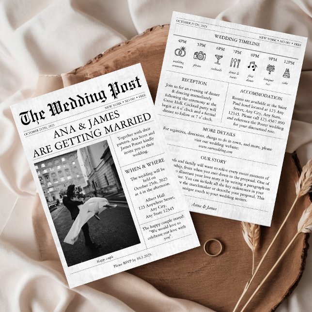 Zeitungseinladung zur Hochzeit Niedlich Einladung (Newspaper wedding Invitation with Timeline and Photo 
Unique Modern Aesthetic)