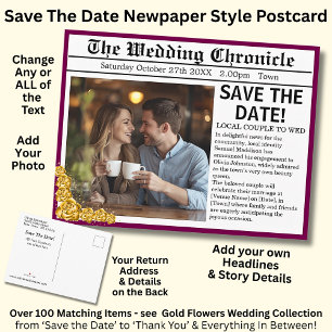 Zeitungsfoto-Stil Save-The-Date, Maroon & Gold Ankündigungspostkarte