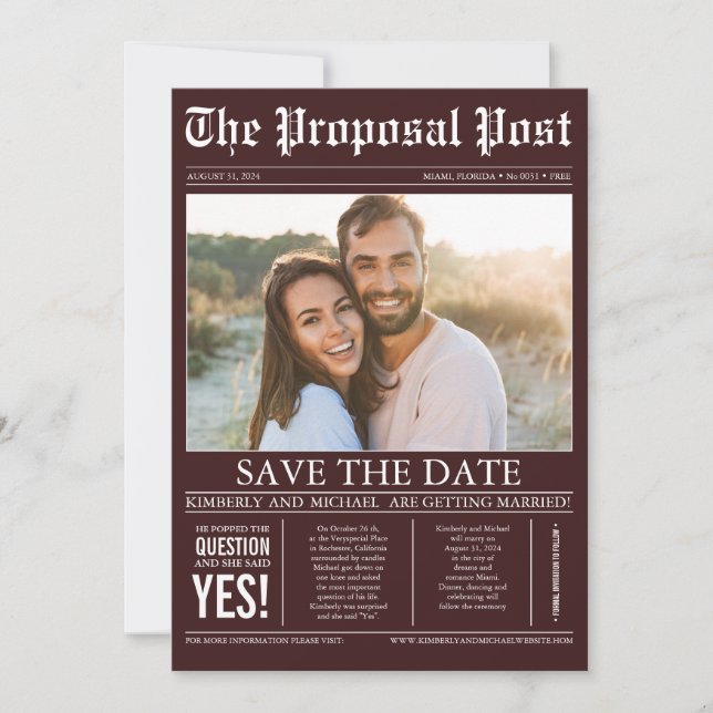 Zeitungsstil Burgundy Red Save the Date Foto (Vorderseite)