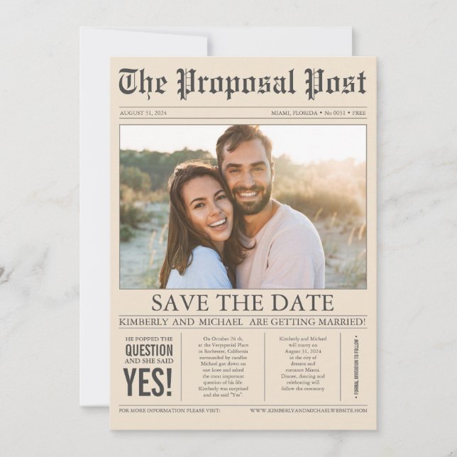 Zeitungsstil Creme Brown Save the Date Foto (Vorderseite)