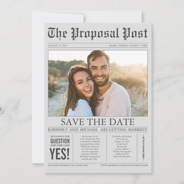 Zeitungsstil Spaß Grau Save the Date Foto (Vorderseite)