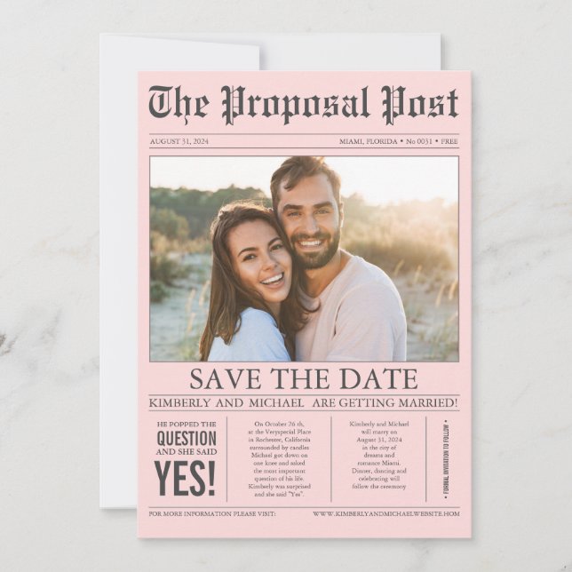 Zeitungsstil Spaß Rosa Save the Date Foto (Vorderseite)