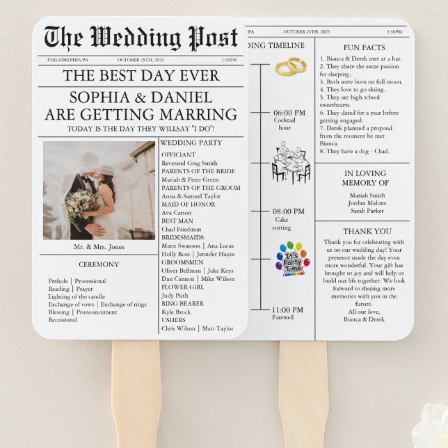 Zeitungstyl-Hochzeitsprogramm mit Foto-Timeline Fächer (Von Creator hochgeladen)